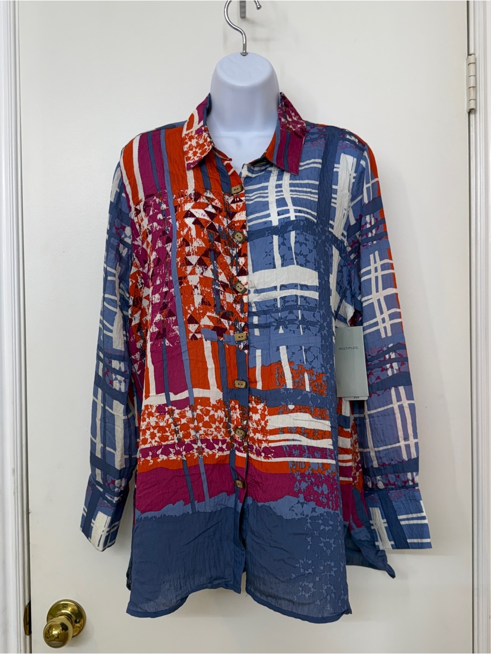 Multiples Womens Medium Abstract Print Button Down Tunic Top Blue Orange Rayon